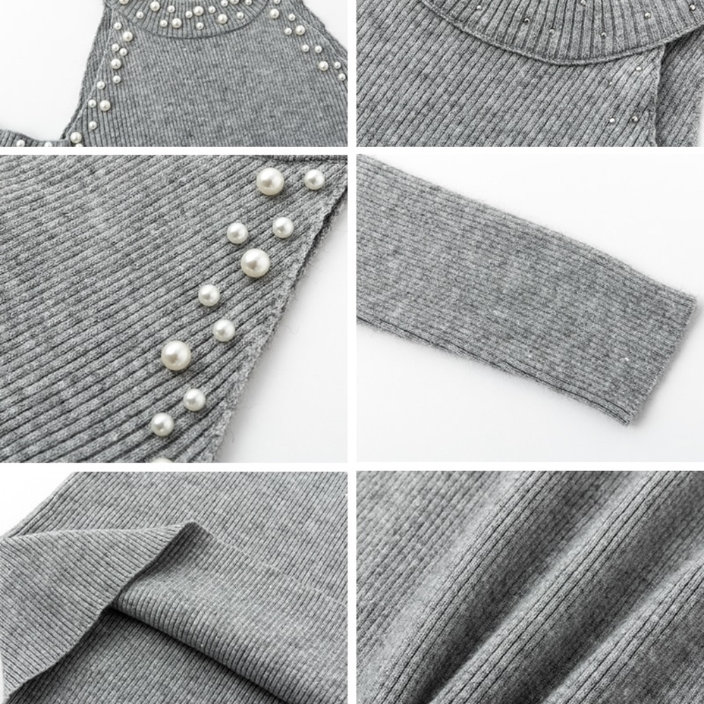 Cold Shoulder Pearl Detailed Hi Neck Bodycon Dress - Picture 5 of 6